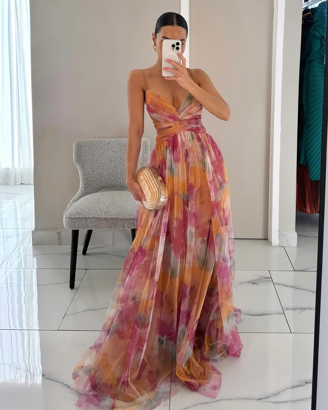 Grace Romantic Invisible Dress by THE WHITMORE FAMILY, orange color, fitted silhouette, lightweight fabric, shown on a model.