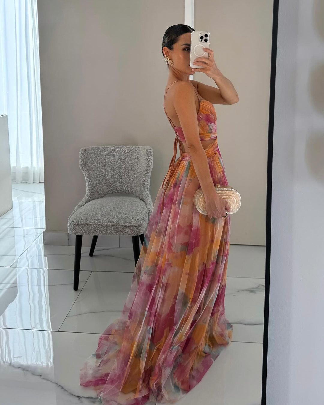 Grace Romantic Invisible Dress by THE WHITMORE FAMILY, orange color, form-fitting dress with elegant design, shown on a model.