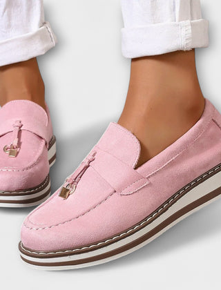 Pink Halo casual comfort loafers by THE WHITMORE FAMILY, featuring soft material and classic slip-on design.