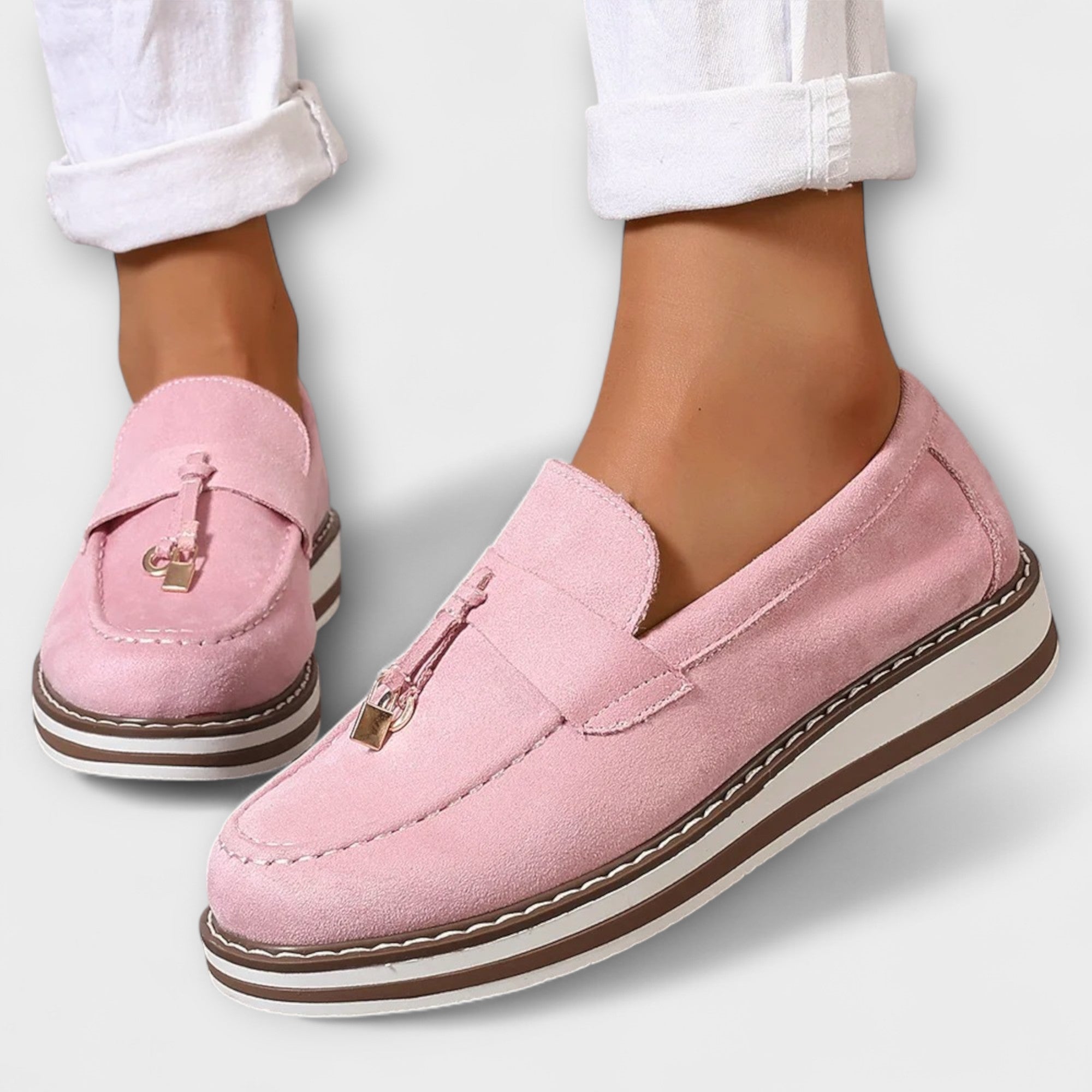 Pink Halo casual comfort loafers by THE WHITMORE FAMILY, featuring soft material and classic slip-on design.