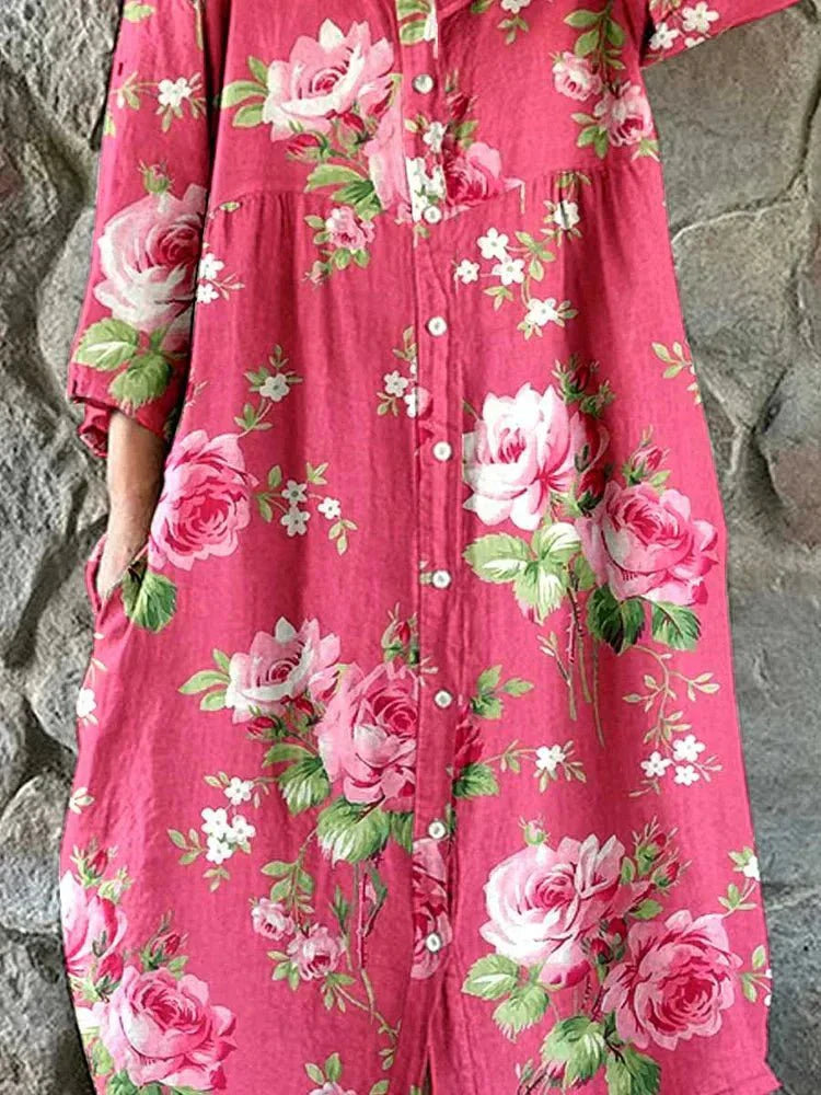 Pink floral dress named Maddie by THE WHITMORE FAMILY featuring a delicate art floral pattern on lightweight fabric.