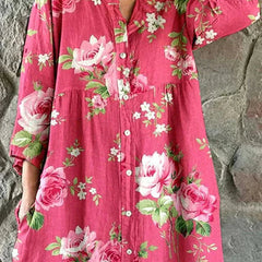 Pink floral Maddie dress from THE WHITMORE FAMILY featuring artistic rose print, sleeveless design, and lightweight fabric.