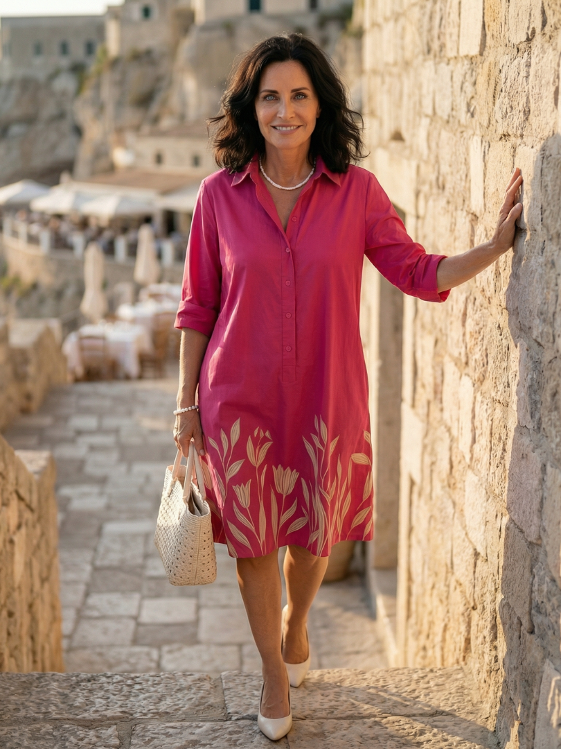 Pink Damaris Slow Day Dress by THE WHITMORE FAMILY displayed on a hanger with a soft fabric texture and casual style.