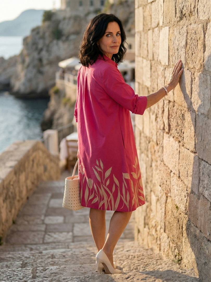 Pink Damaris Slow Day Dress by THE WHITMORE FAMILY, featuring lightweight fabric and a relaxed fit, displayed on a hanger.