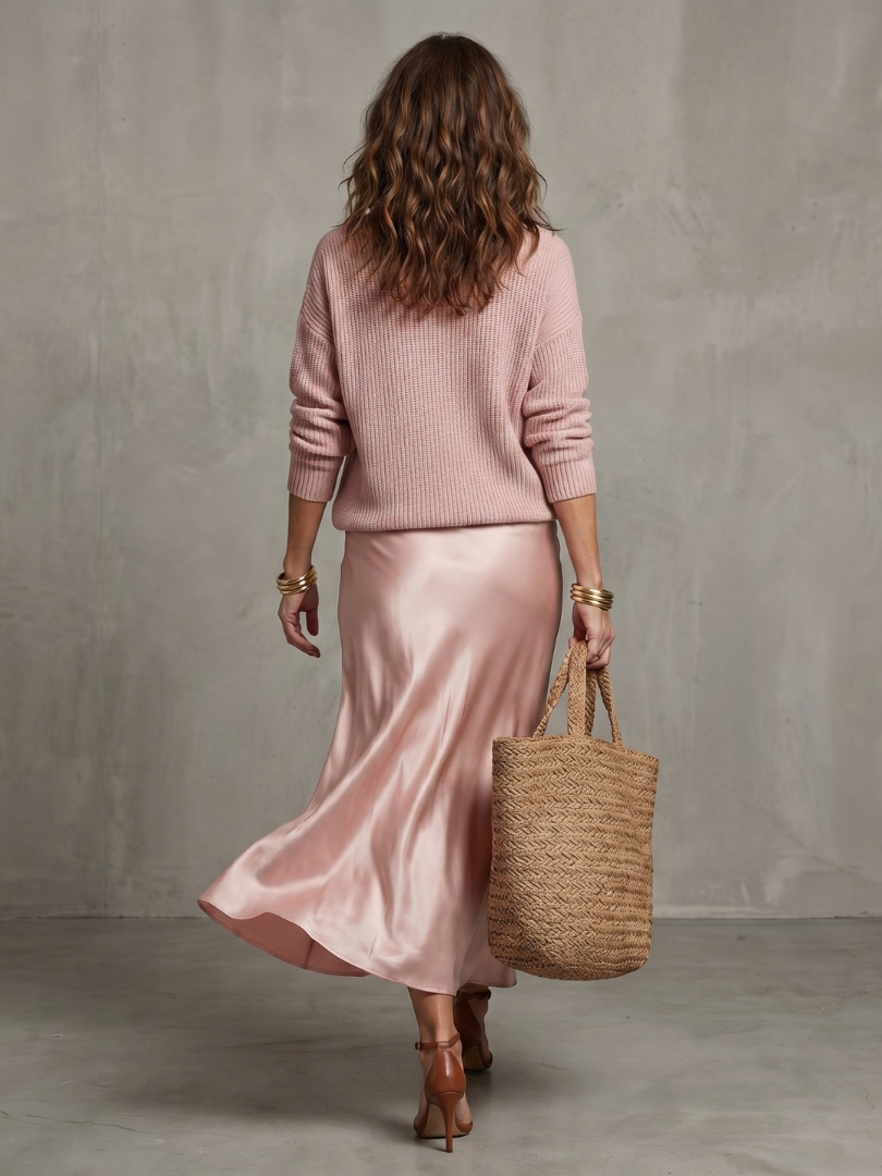 Pink satin bias skirt and knit layer set from THE WHITMORE FAMILY's Luciana collection, perfect for fall fashion.