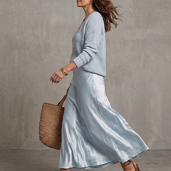 Pink Luciana Bias Fall Satin Skirt and Knit Layer Set by THE WHITMORE FAMILY, featuring stylish satin skirt and cozy knit layers.