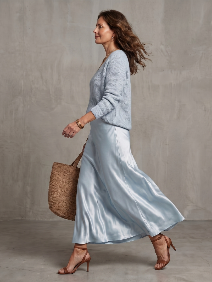 Pink Luciana Bias Fall Satin Skirt and Knit Layer Set by THE WHITMORE FAMILY, featuring stylish satin skirt and cozy knit layers.