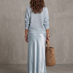 Pink satin bias fall skirt and knit layer set from THE WHITMORE FAMILY's Luciana collection, stylish and comfortable for cool weather.