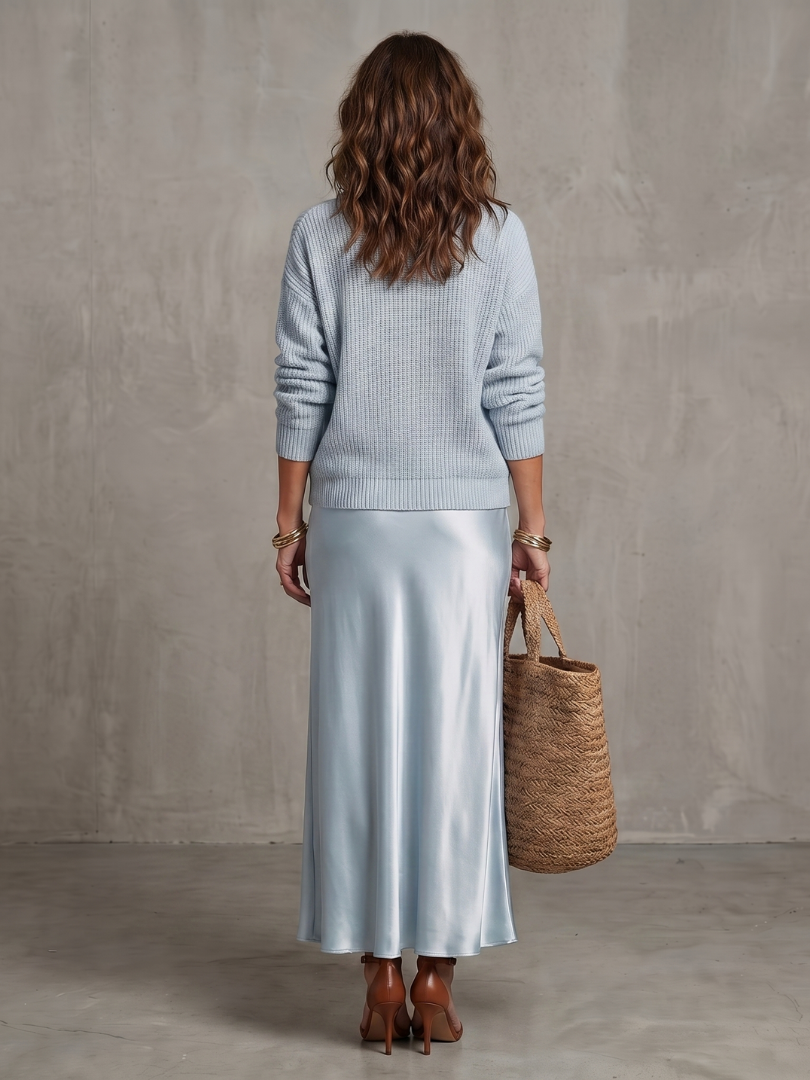 Pink satin bias fall skirt and knit layer set from THE WHITMORE FAMILY's Luciana collection, stylish and comfortable for cool weather.