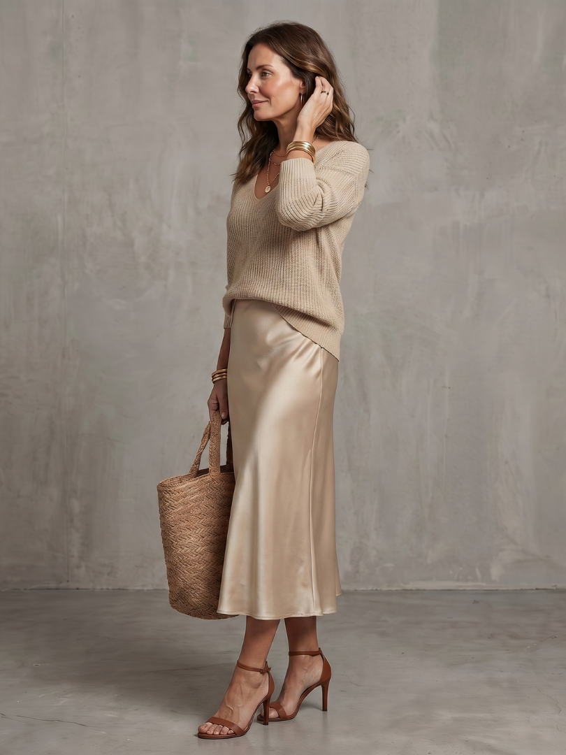 Pink bias fall satin skirt and knit layered set from THE WHITMORE FAMILY's Luciana collection, featuring a stylish, cozy outfit ensemble.