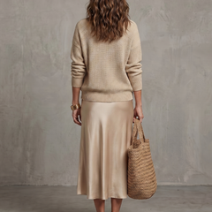 Pink bias fall satin skirt and knit layered set from THE WHITMORE FAMILY featuring the Luciana design.