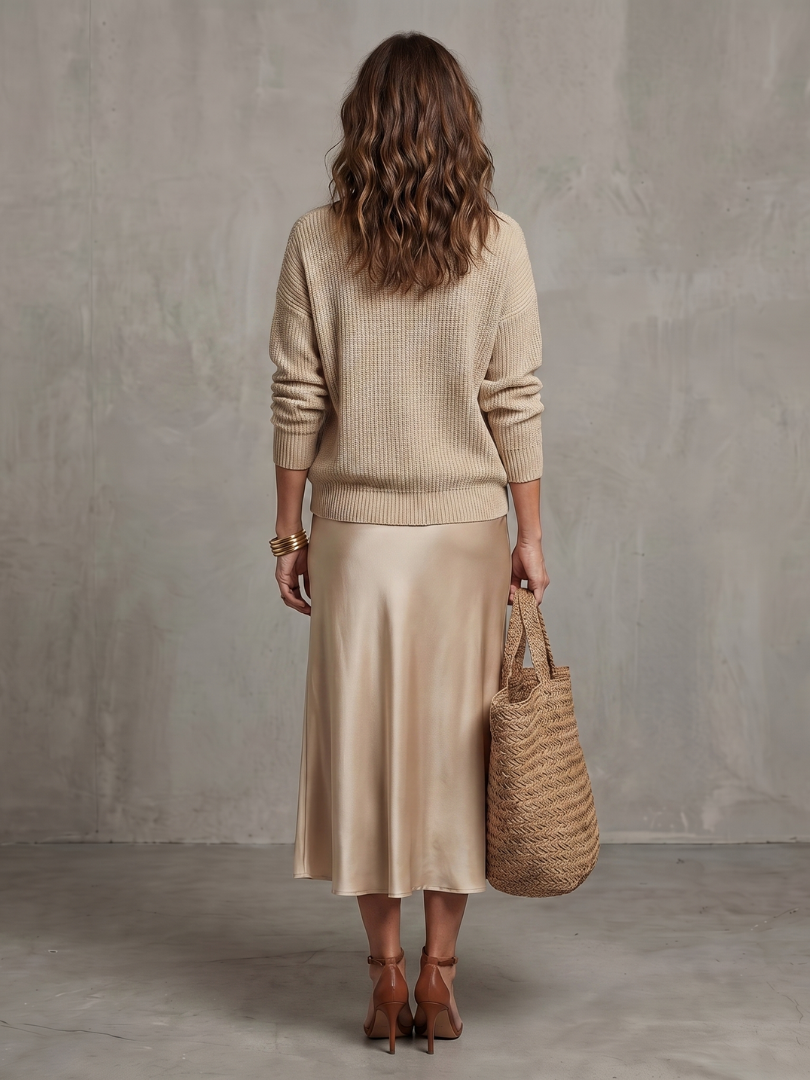 Pink bias fall satin skirt and knit layered set from THE WHITMORE FAMILY featuring the Luciana design.
