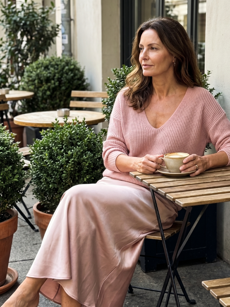 Pink Luciana Bias Fall Satin Skirt and Knit Layer Set by THE WHITMORE FAMILY, featuring stylish satin fabric and layered design.