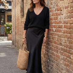 Pink satin skirt and knit layer set from THE WHITMORE FAMILY's Luciana Bias Fall collection, styled for a fashionable fall look.