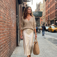 Pink Luciana Bias Fall Satin Skirt and Knit Layer Set by THE WHITMORE FAMILY, featuring stylish satin fabric and layered knit design.