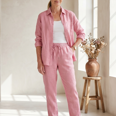 Pink Noor long sleeve shirt and tapered pants set by THE WHITMORE FAMILY, stylish and comfortable for everyday wear.