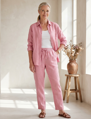 Pink Noor long sleeve shirt and tapered pants set by THE WHITMORE FAMILY, stylish and comfortable for everyday wear.