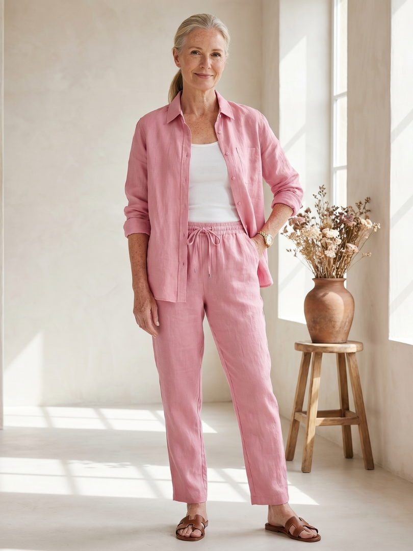 Pink Noor long sleeve shirt and tapered pants set by THE WHITMORE FAMILY, stylish and comfortable for everyday wear.