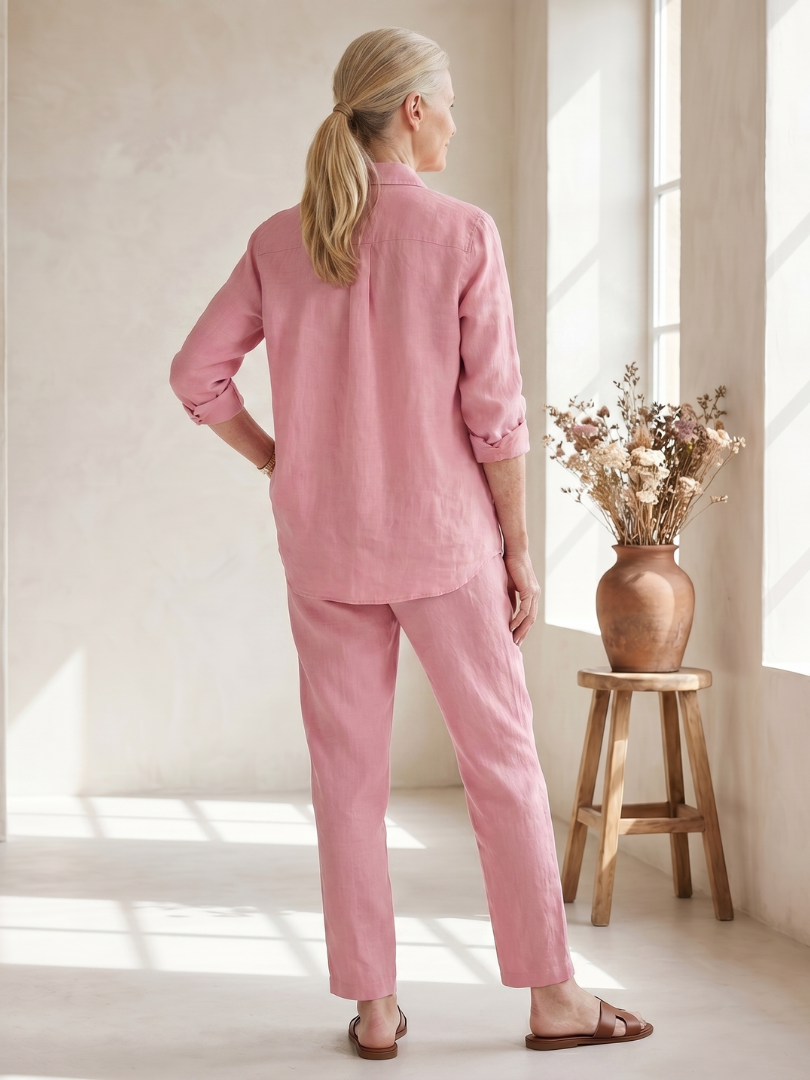 Pink Noor long sleeve shirt and tapered pants set by THE WHITMORE FAMILY, casual stylish outfit for women.