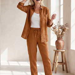 Pink Noor long sleeve shirt and tapered pants set by THE WHITMORE FAMILY, casual stylish outfit for women.