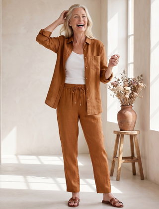 Pink Noor long sleeve shirt and tapered pants set by THE WHITMORE FAMILY, casual stylish outfit for women.