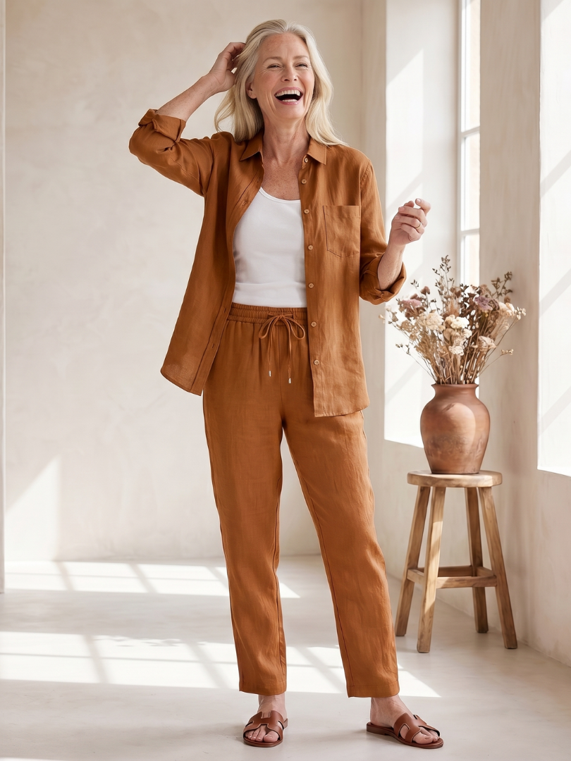 Pink Noor long sleeve shirt and tapered pants set by THE WHITMORE FAMILY, casual stylish outfit for women.
