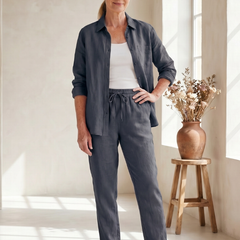 Pink Noor long sleeve shirt and tapered pants set by THE WHITMORE FAMILY, stylish and comfortable for everyday wear.