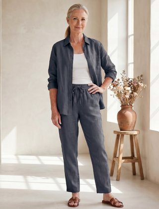 Pink Noor long sleeve shirt and tapered pants set by THE WHITMORE FAMILY, stylish and comfortable for everyday wear.