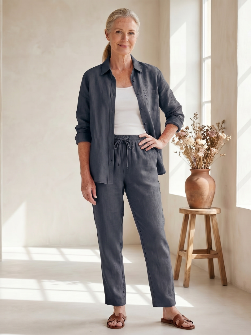 Pink Noor long sleeve shirt and tapered pants set by THE WHITMORE FAMILY, stylish and comfortable for everyday wear.