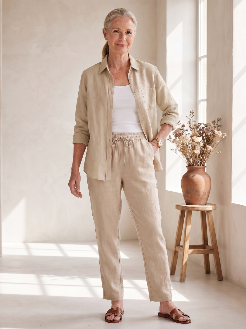 Pink Noor long sleeve shirt and tapered pants set by THE WHITMORE FAMILY, casual and stylish outfit for women.