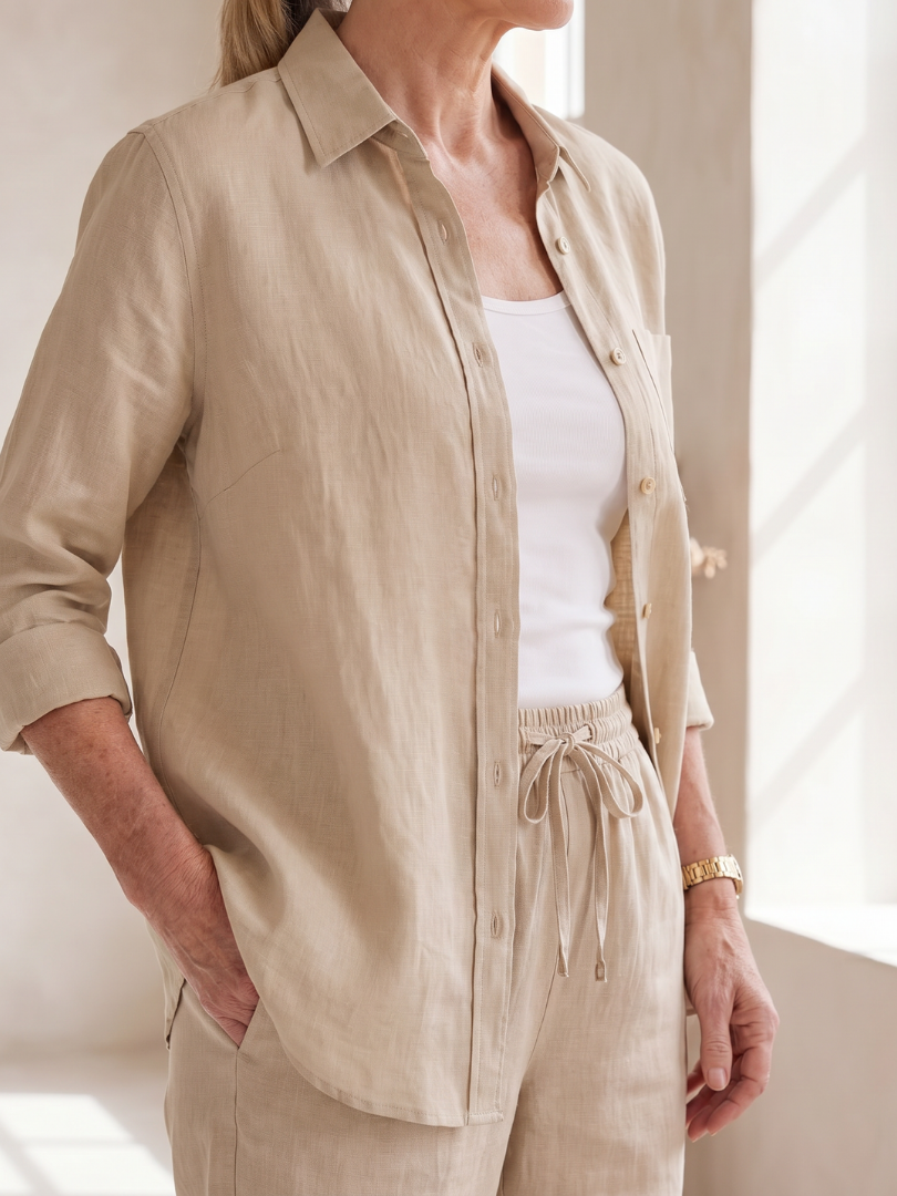 Pink Noor long sleeve shirt and tapered pants set by THE WHITMORE FAMILY, styled together for a modern, casual look.