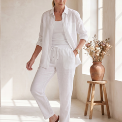 Pink Noor long sleeve shirt and tapered pants set by THE WHITMORE FAMILY, casual stylish outfit for women.