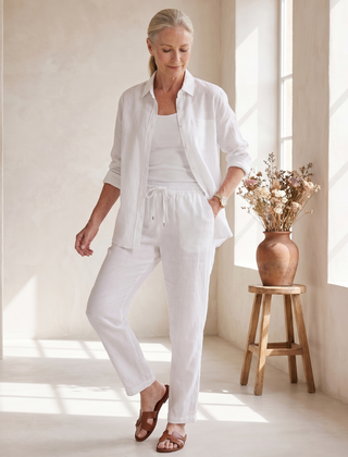 Pink Noor long sleeve shirt and tapered pants set by THE WHITMORE FAMILY, casual stylish outfit for women.