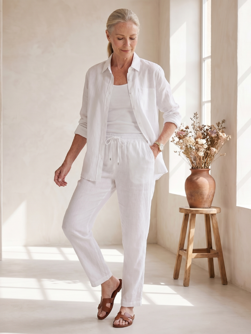 Pink Noor long sleeve shirt and tapered pants set by THE WHITMORE FAMILY, casual stylish outfit for women.