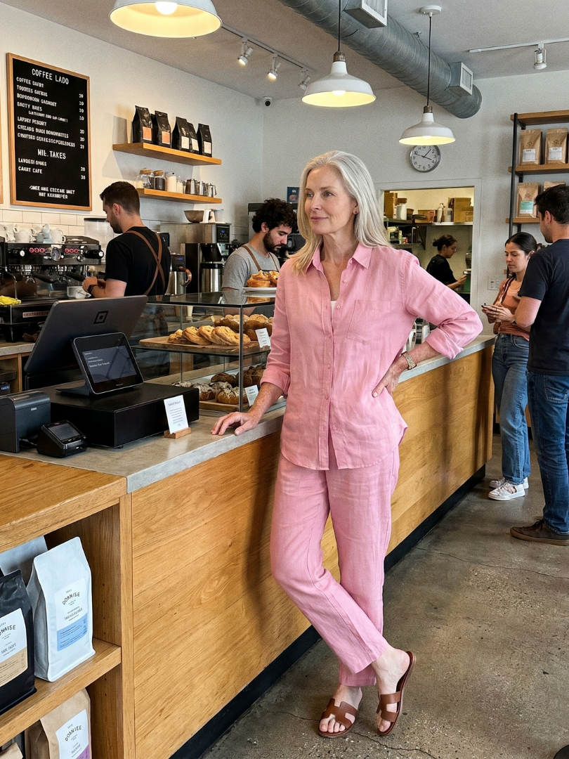 Pink Noor long sleeve shirt and tapered pants set by THE WHITMORE FAMILY, styled for a casual, modern look.
