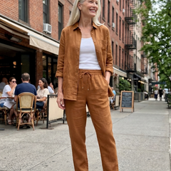 Pink Noor long sleeve shirt and tapered pants set by THE WHITMORE FAMILY, stylish and comfortable for casual wear.