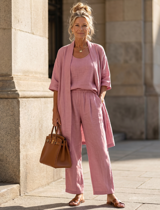 Pink three-piece relaxed top and pant set by THE WHITMORE FAMILY, casual loungewear with comfortable fit.