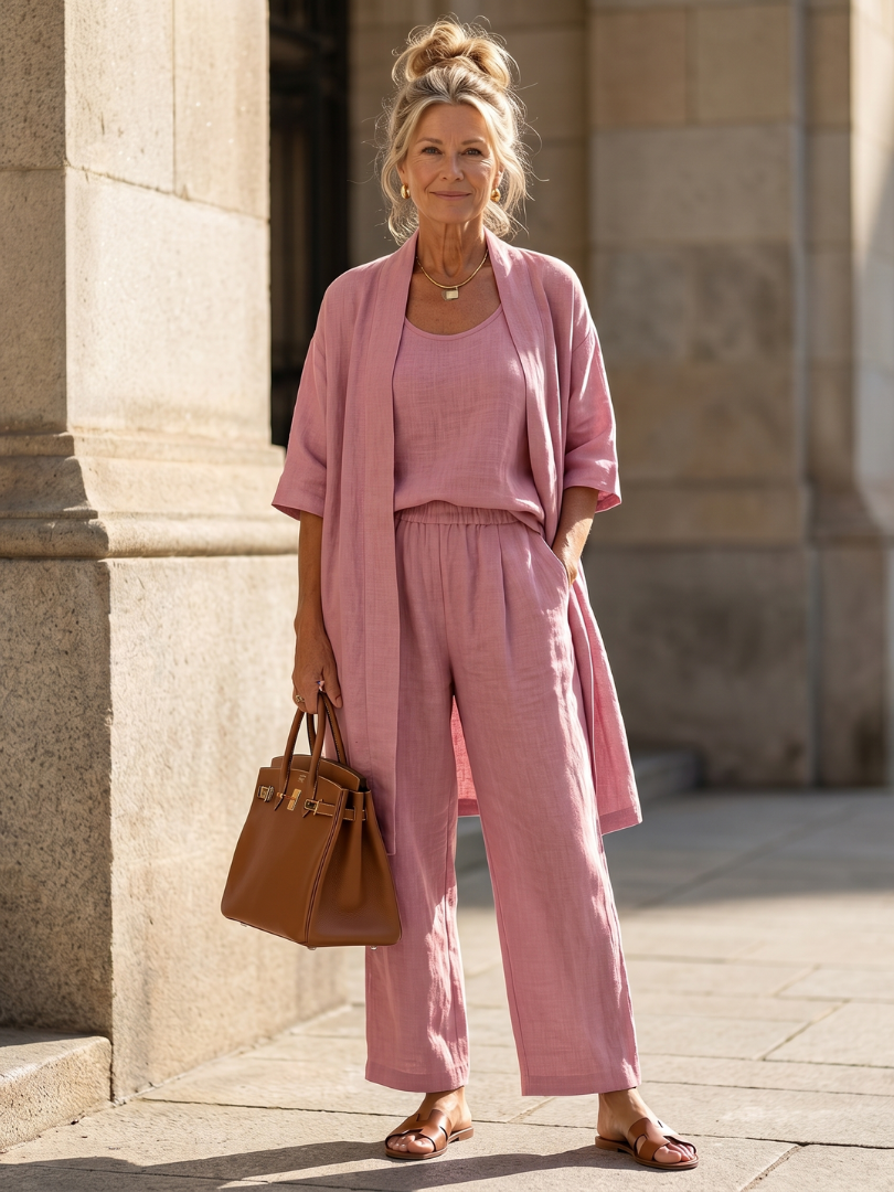 Pink three-piece relaxed top and pant set by THE WHITMORE FAMILY, casual loungewear with comfortable fit.