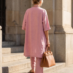 Pink three-piece relaxed top and pant set by THE WHITMORE FAMILY, featuring comfortable, casual loungewear for women.