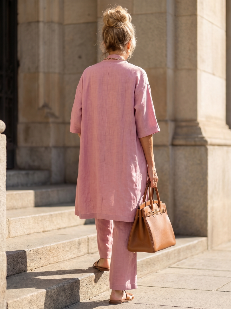 Pink three-piece relaxed top and pant set by THE WHITMORE FAMILY, featuring comfortable, casual loungewear for women.