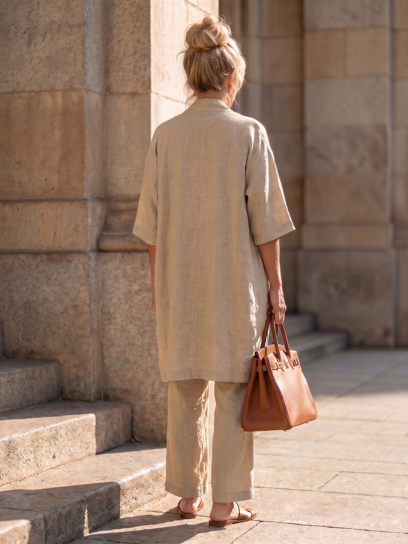 Pink three-piece relaxed top and pant set by THE WHITMORE FAMILY, featuring comfortable, casual loungewear for women.