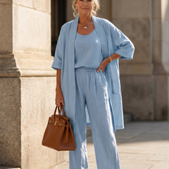 Pink three-piece relaxed top and pant set by THE WHITMORE FAMILY featuring comfortable, casual loungewear for women.