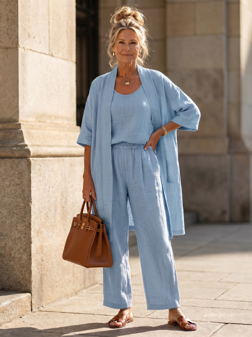 Pink three-piece relaxed top and pant set by THE WHITMORE FAMILY featuring comfortable, casual loungewear for women.