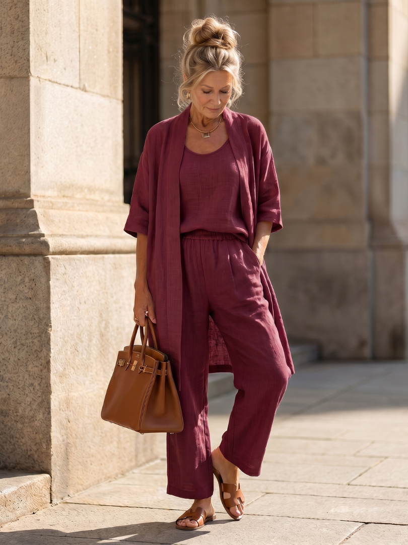Pink three-piece relaxed top and pant set by THE WHITMORE FAMILY, featuring comfortable casual wear with a stylish fit.