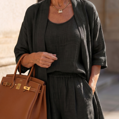 Pink three-piece relaxed top and pant set by THE WHITMORE FAMILY featuring comfortable, casual loungewear style.