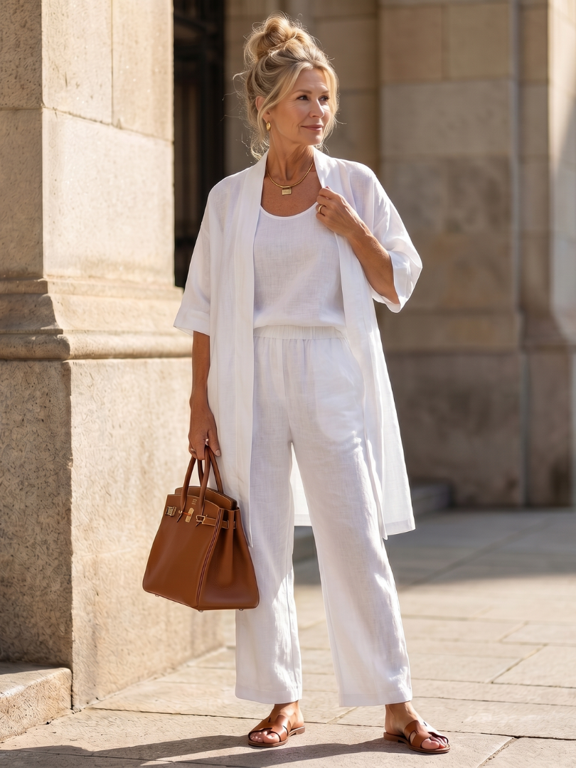 Pink three-piece relaxed top and pant set by THE WHITMORE FAMILY featuring a comfortable, casual style.