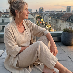 Pink three-piece relaxed top and pant set by THE WHITMORE FAMILY, featuring comfortable, casual loungewear for women.