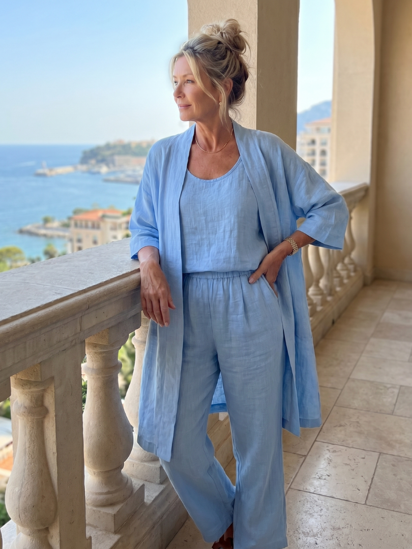 Pink three-piece relaxed top and pant set by THE WHITMORE FAMILY, featuring comfortable, casual loungewear for women.