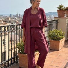 Pink Yael three-piece relaxed top and pant set by THE WHITMORE FAMILY, featuring comfortable casual loungewear with a relaxed fit.