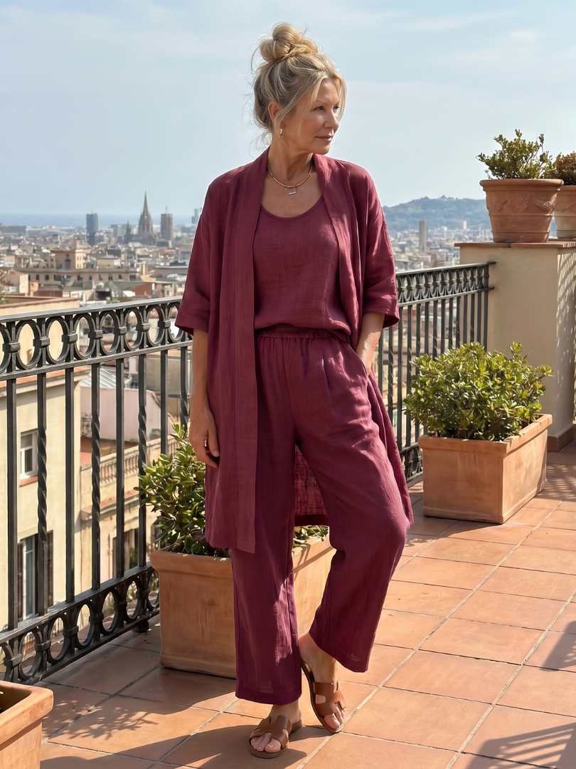 Pink Yael three-piece relaxed top and pant set by THE WHITMORE FAMILY, featuring comfortable casual loungewear with a relaxed fit.
